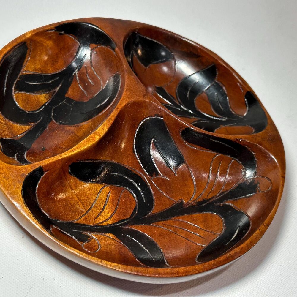 Vintage Hand Carved 7" Wooden Bowl with 3 Divided Sections Black Leaf Design